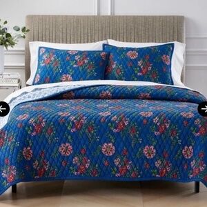 Aqua floral printed reversible king quilt set blue toille floral NEW